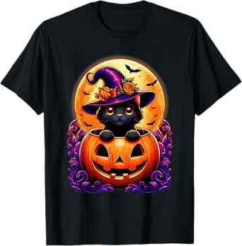 Black Cat Witch Hat Pumpkin Funny Halloween Men Women Kids T-Shirt