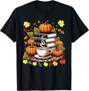 Books Coffee Fall Leaves and Pumpkins Vintage Library T-Shirt