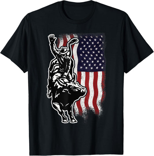 American Flag Bull Riding Cowboy 4th Of July Patriotic Rodeo Unisex-Adults Boys T-Shirt