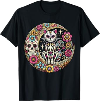 Cat Moon Dia De Los Muertos Day Of The Dead Sugar Skull T-Shirt