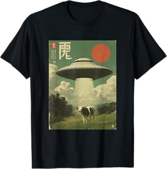 Funny Retro Vintage Japanese Cow Abduction Alien Spaceship T-Shirt