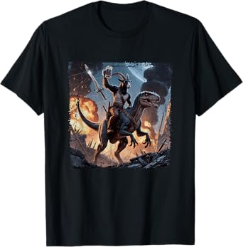 Epic Goat Riding Dinosaur with Sword Beer Fantasy Battle T-Shirt