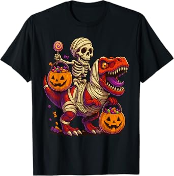 Skeleton Riding Mummy Dinosaur T rex Halloween Funny Pumpkin T-Shirt