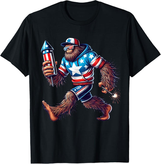 Bigfoot Fireworks 4th of July Men Sasquatch US Flag Men Boys T-Shirt