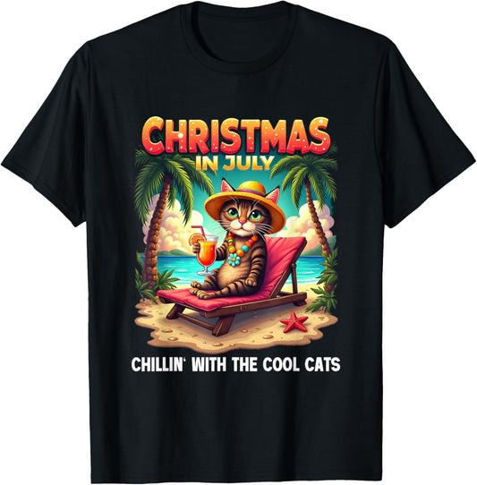 Meowy Xmas Summer Christmas In July Chillin Cool Cats Funny T-Shirt