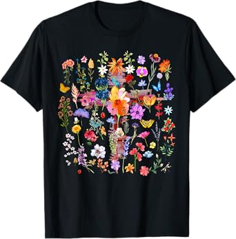 Vintage Pressed Flowers Cross Faith Jesus Garden Christian T-Shirt