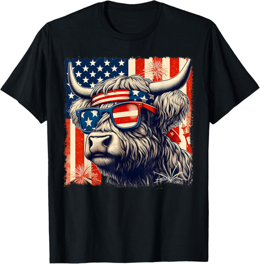 Highland Cow Sunglasses American Flag 4th of July Farmer T-Shirt