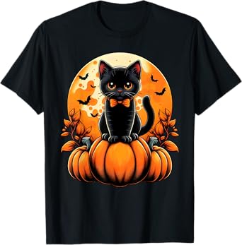 Retro Black Cat Pumpkin Halloween Costume Fall Autumn Season T-Shirt