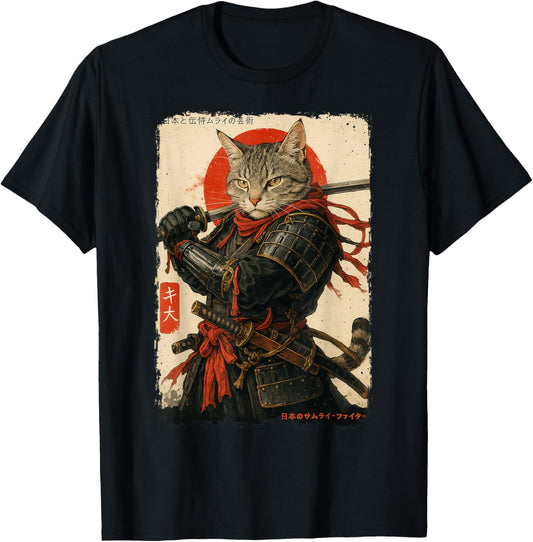 Samurai Cat Warrior Japanese Ukiyo Ink Art Cat Samurai T-Shirt