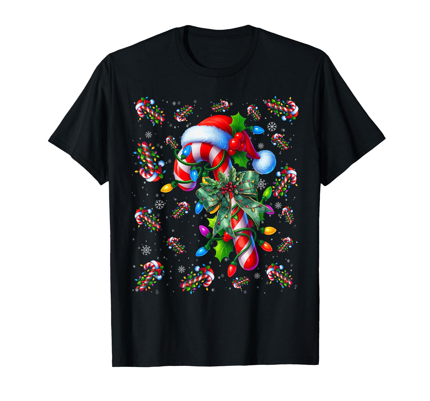 Candy Cane Santa Hat Christmas Lights Merry and Bright Xmas T-Shirt