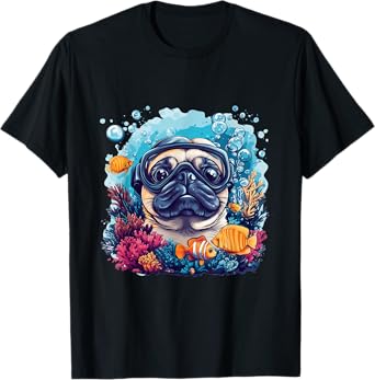 Funny Pug Scuba Diving Colorful Fish Ocean Coral Reef Dog T-Shirt