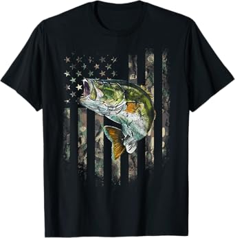Camo American Flag Bass Fishing Fishermen Patriotic USA Flag T-Shirt