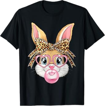 Cute Leopard Glasses Bunny Bubble Gum Shirt Happy Easter Day T-Shirt