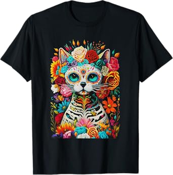 Sugar Skull Cat De Los Muertos La Catrina Day Of The Dead T-Shirt for Men Women Kids