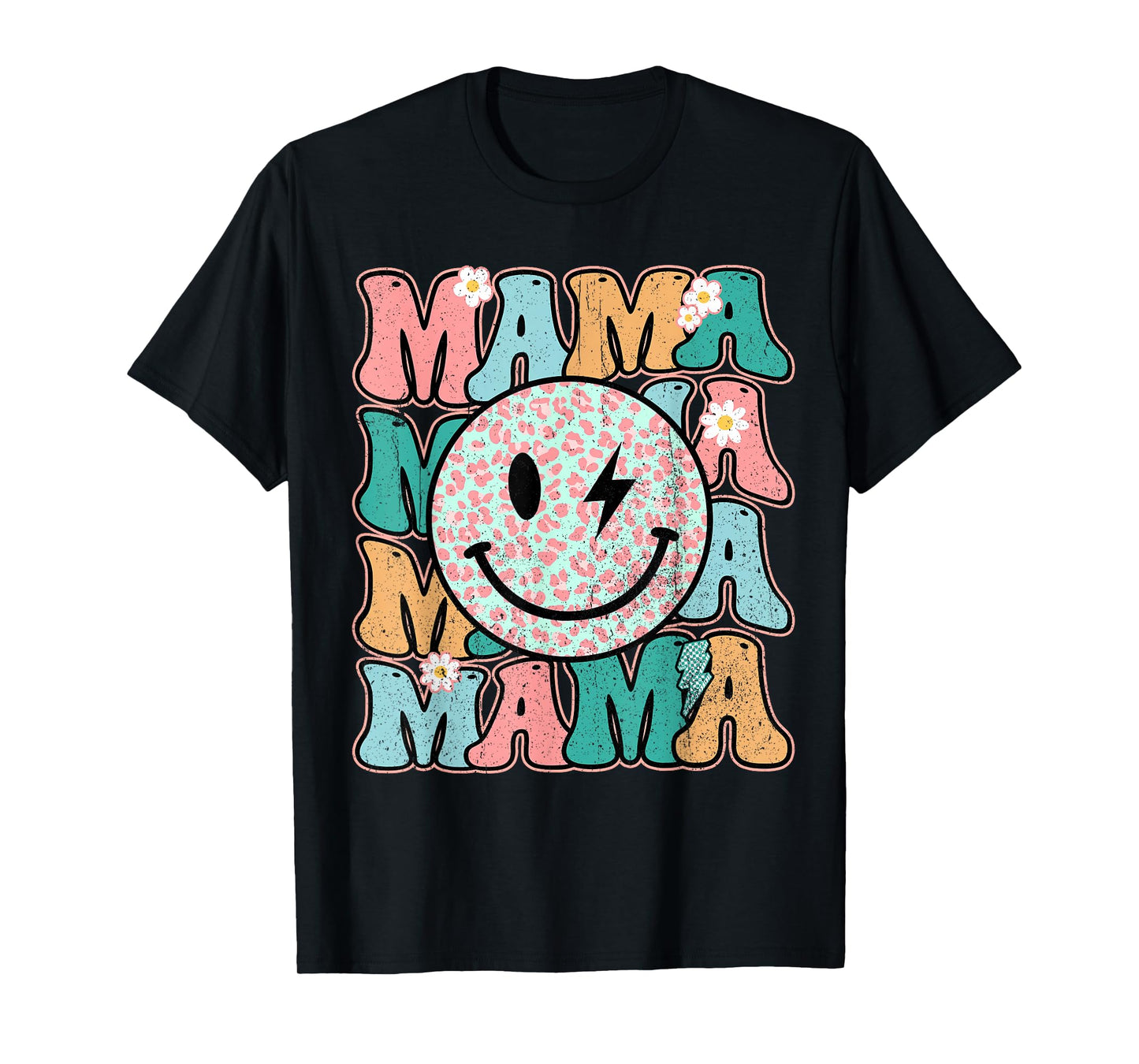 Checkered Mama Smile Face Bolt Lightning Groovy Mother's Day T-Shirt