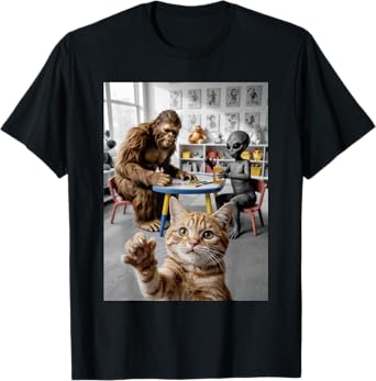 Funny School Classroom Cat Selfie with Bigfoot and Alien T-Shirt