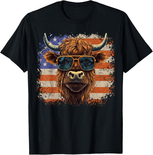 American Flag, Highland Cow-Fourth of July, Cow Lover Cool T-Shirt