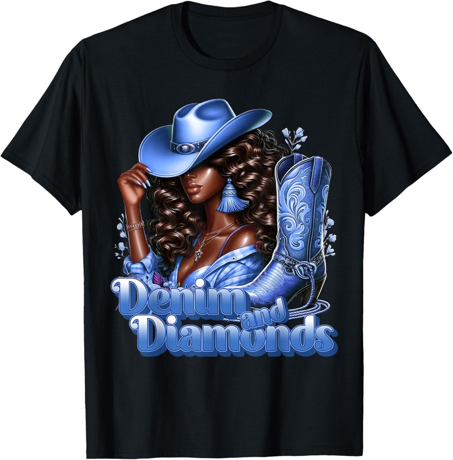 Denim and Diamonds African Melanin Swag Cowgirls Western T-Shirt