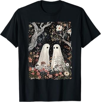Ghost In The Flower Forest Halloween Spooky Season Vintage T-Shirt