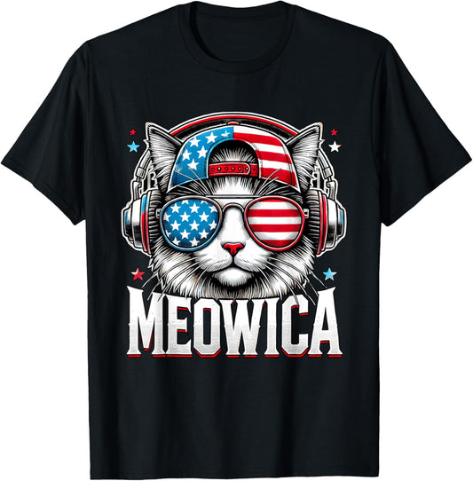 Meowica Cat Kitty American Flag Usa Funny 4th Of July Fourth T-shirt
