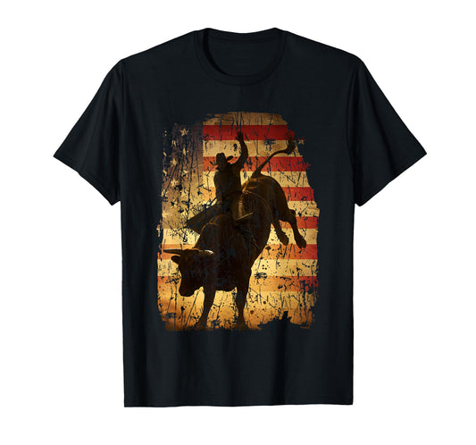 Rodeo Bull Rider Retro Western Patriotic Cowboy USA Flag T-Shirt