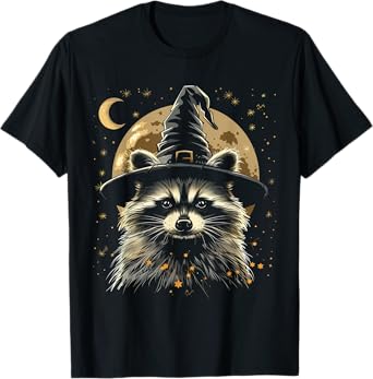 Raccoon Halloween Wizard Hat Funny Cute Witch Costume T-Shirt