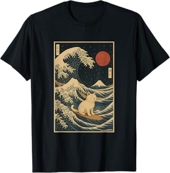 Surfing Cat on the Great Wave Japanese Kanagawa Art Men Women Kids T-Shirt