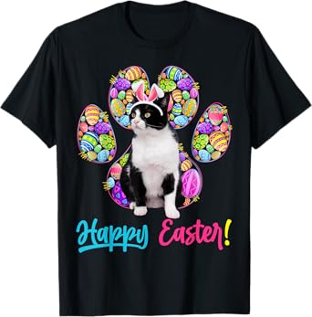 Cute Tuxedo Cat & Bunny Ears Easter Eggs Cat Paw Easter Day T-Shirt