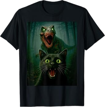 Scared Cat Selfie with Zombie T-Rex Dinosaur Halloween Day T-Shirt