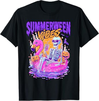 Summerween Vibes Halloween Summer Fun Flamingo Skeleton T-Shirt