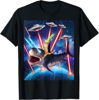 Space Cat Riding Shark Laser Eyes UFO Funny Kitty Cat T-Shirt for Men Women Girls Kids