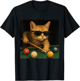 Cat Playing Pool Billiards in Lounge Cool Funny Cats T-Shirt