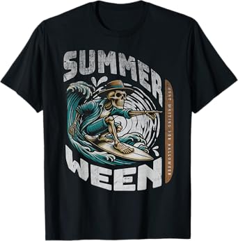 Summerween Halloween Skeleton Summer Vibes Surfing Ghost Men Women Kids T-Shirt