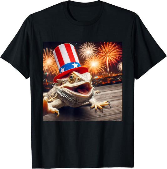 Funny Bearded Dragon Selfie Patriotic 4th Of July Fireworks T-shirt