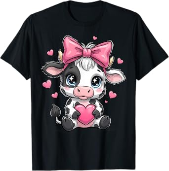 Awesome Black & White Cow Holding Heart Pink Coquette Bow T-Shirt