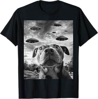 Funny Dog Pitbull Selfie with UFOs Alien Novelty T-Shirt