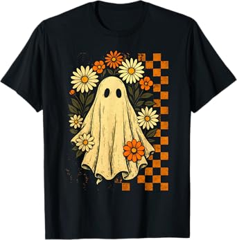 Vintage Floral Ghost Groovy Halloween Spooky Girls Women T-Shirt