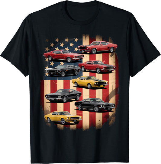 Vintage Classic Muscle Car Retro American Flag Patriotic T-shirt