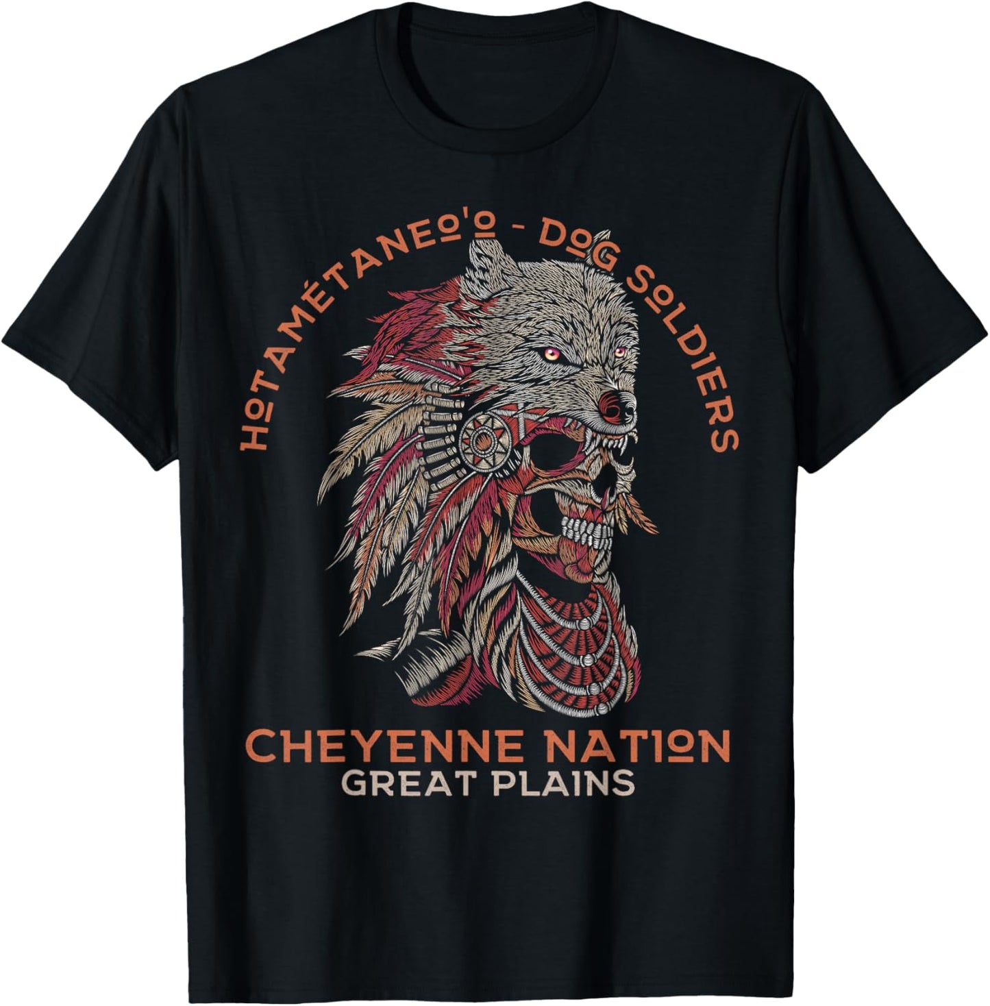 Dog Soldiers, Cheyenne Nation, Skull and Wolf Headdress T-Shirt