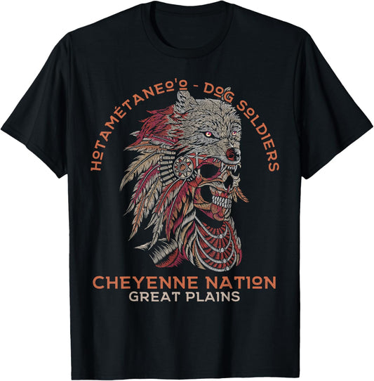 Dog Soldiers, Cheyenne Nation, Skull and Wolf Headdress T-Shirt