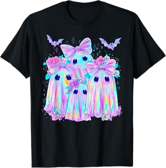 Pastel Galaxy Ghost Halloween Girl Kids Ghost Coquette Bow T-Shirt