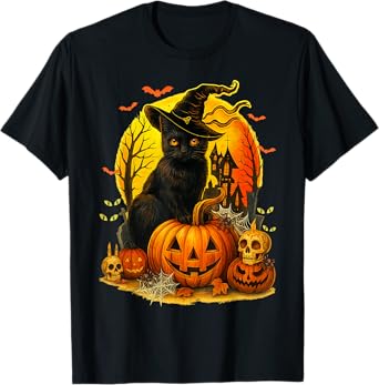 Retro Black Cat Witch Scary Halloween Pumpkin Women Men Kids T-Shirt