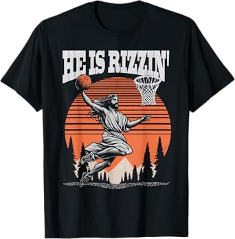 Funny Retro He Is Rizzin Christian Easter Playing Basketball T-Shirt
