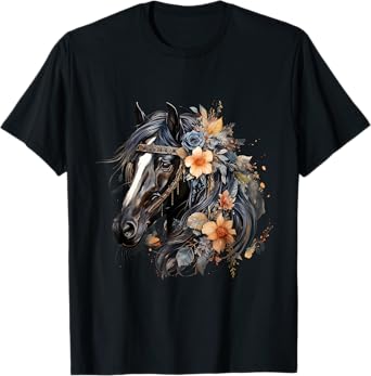 Floral Wild Horse Country Horse Riding T-Shirt, Small, Black