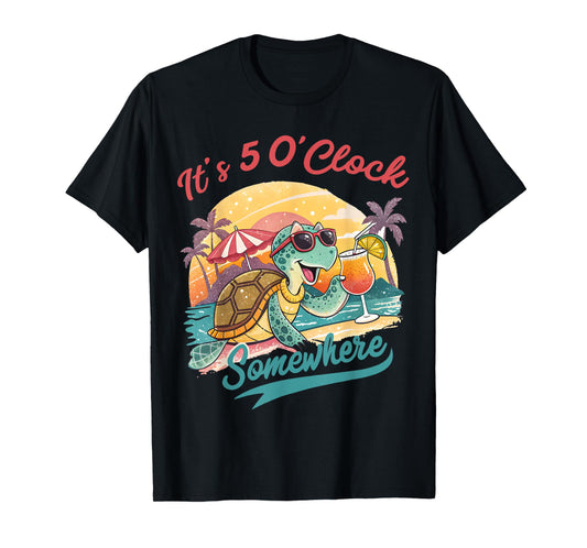 It’s 5 O’clock Somewhere Retro Turtle Drinking Summer Beach T-Shirt