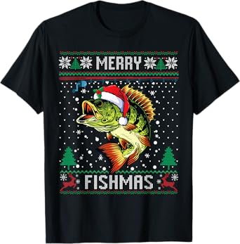 Merry Fishmas Bass Fish Fishing Christmas Ugly Sweater Xmas T-Shirt