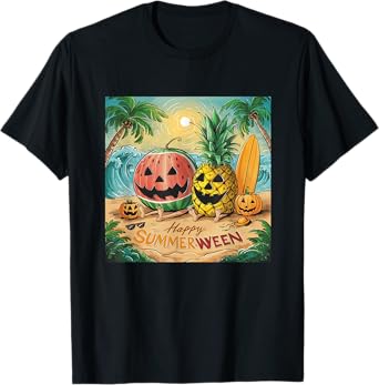 Happy Summerween Watermelon Pineapple Beach Vibes Halloween T-Shirt for Men Women Kids