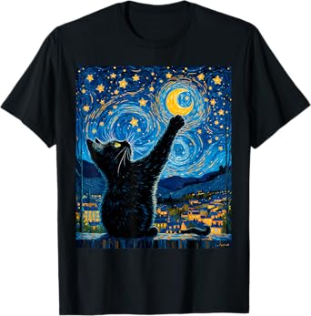 Van Gogh Starry Night Black Cat Moonlit Scene Cat Lovers T-Shirt for Men Women
