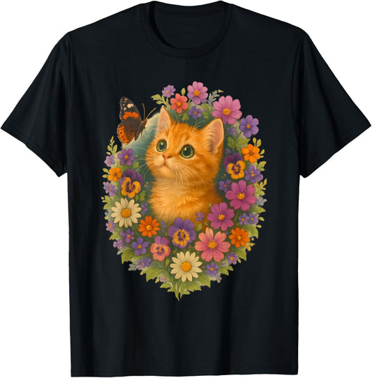 Cat Butterfly Flower Tee Cottagecore Botanical Cute Graphic T-Shirt