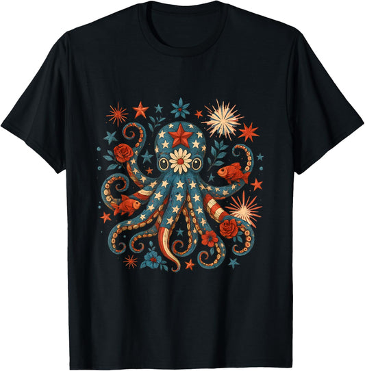 Vintage Floral Octopus Patriotic 4th Of July Fireworks Usa T-shirt